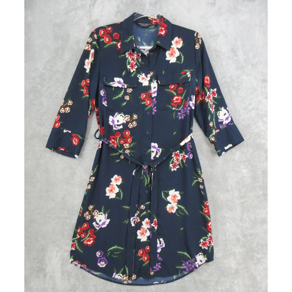 Dorothy Perkins Dress Women Size 4 Navy Blue Floral Button Belted Shirtdress
